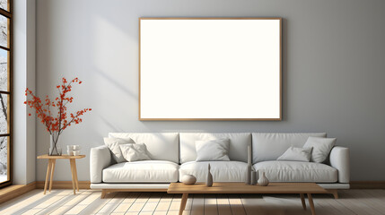 Mockup poster frame on the wall of a modern living room with a comfortable couch and stylish coffee table, Created with Generative AI Technology