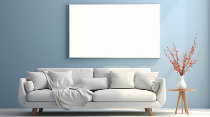 Mockup Poster Frame in Modern minimal living room with a sleek white couch and a vibrant blue accent wall, Mockup, 3D rendering, Created with Generative AI Technology