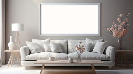 Mockup Poster Frame in Modern living room Room in Contemporary Design with a sleek white couch and a minimalist coffee table, Created with Generative AI Technology