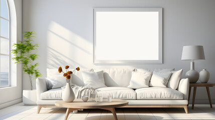 Front view of a modern scandi living room, White wall with large painting, minimalist white couch and a sleek coffee table, Created with Generative AI Technology