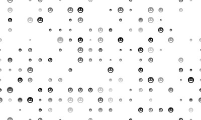 Seamless background pattern of evenly spaced black laughter Emoticons of different sizes and opacity. Illustration on transparent background