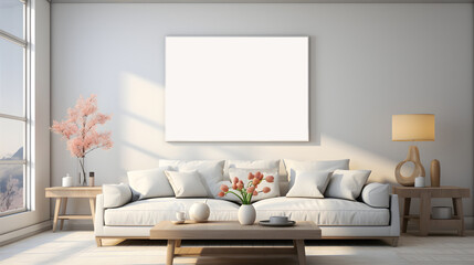 Mockup Poster Framein a modern scandi living room, White wall with large painting, a sleek white couch, minimalist coffee table and natural lamp