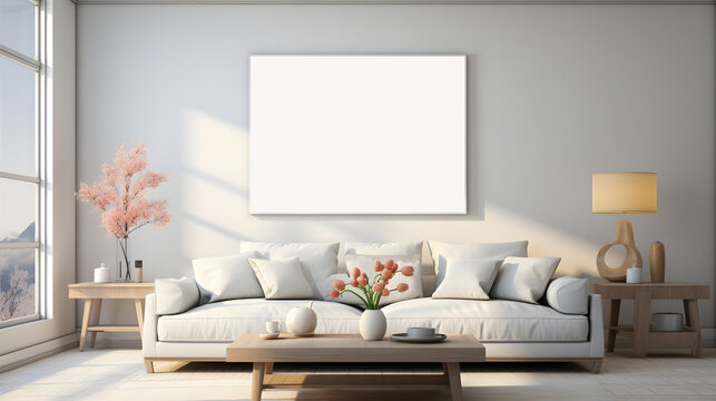 Fototapeta Mockup Poster Framein a modern scandi living room, White wall with large painting, a sleek white couch, minimalist coffee table and natural lamp