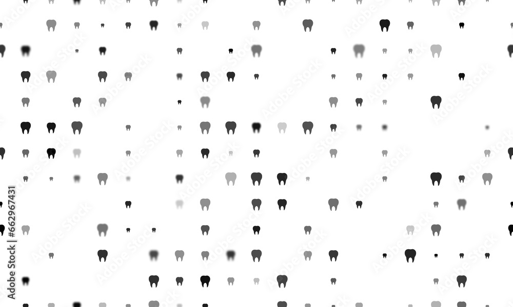 Poster seamless background pattern of evenly spaced black tooth symbols of different sizes and opacity. ill