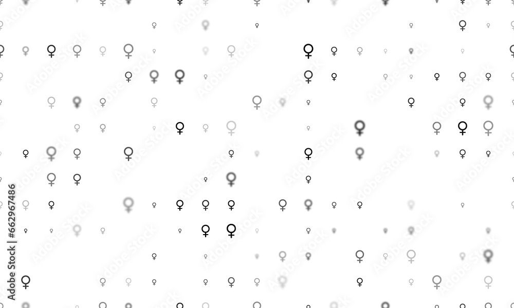 Poster seamless background pattern of evenly spaced black venus symbols of different sizes and opacity. ill