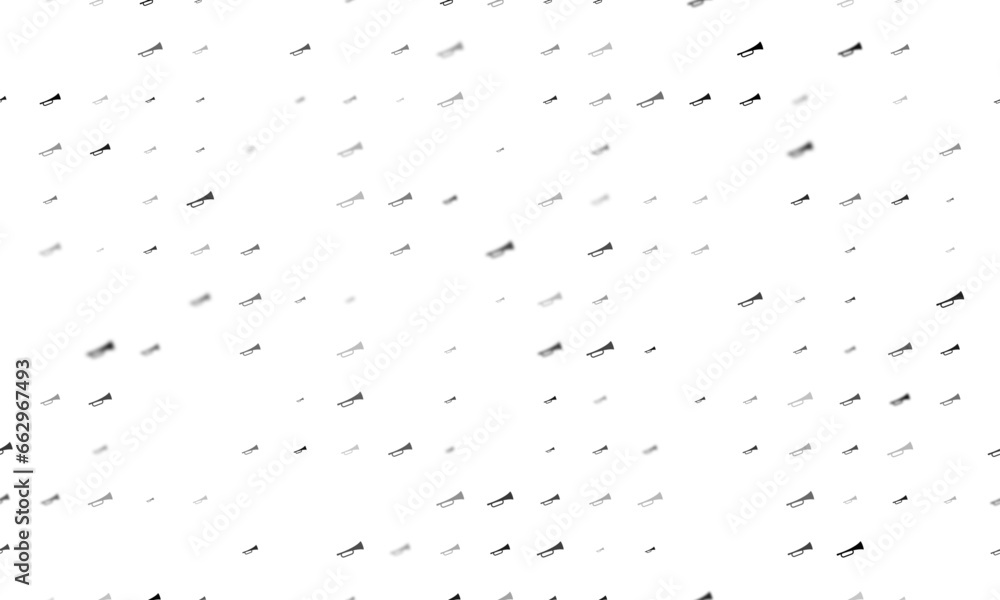Poster seamless background pattern of evenly spaced black trumpet symbols of different sizes and opacity. v
