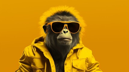 Cool monkey in sunglasses posing in front of a yellow background. Despite being in an unfamiliar environment, the animal feels good. AI generated illustration.  - obrazy, fototapety, plakaty