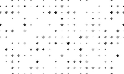 Seamless background pattern of evenly spaced black teapots of different sizes and opacity. Vector illustration on white background