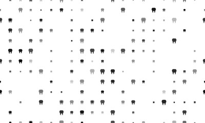 Seamless background pattern of evenly spaced black tooth symbols of different sizes and opacity. Vector illustration on white background