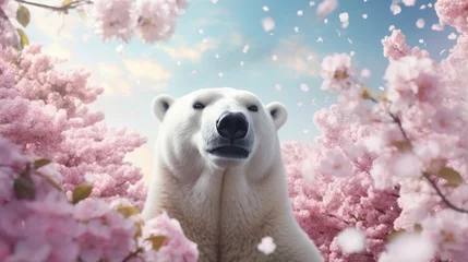 Fototapete Creative animal concept. Polar Bear in smart suit, surrounded in a surreal garden full of blossom flowers floral landscape. advertisement commercial editorial banner card. © Nairobi 