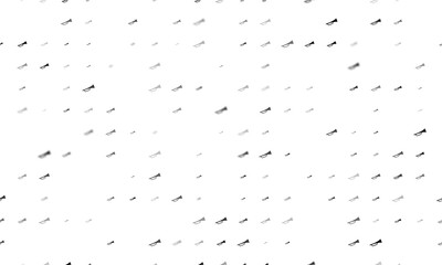 Seamless background pattern of evenly spaced black trumpet symbols of different sizes and opacity. Illustration on transparent background