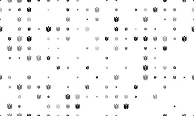 Seamless background pattern of evenly spaced black tulips of different sizes and opacity. Illustration on transparent background