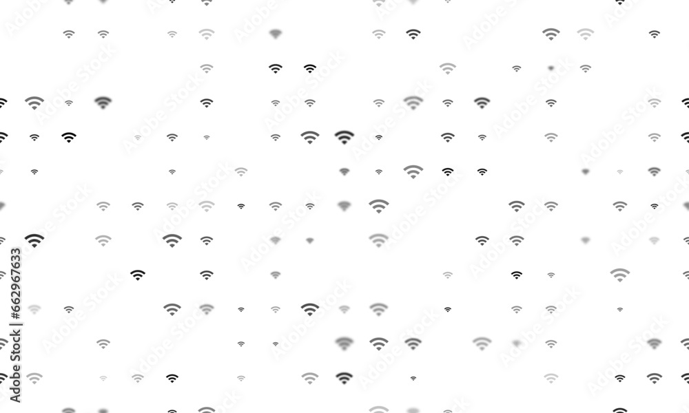 Poster seamless background pattern of evenly spaced black wifi symbols of different sizes and opacity. vect
