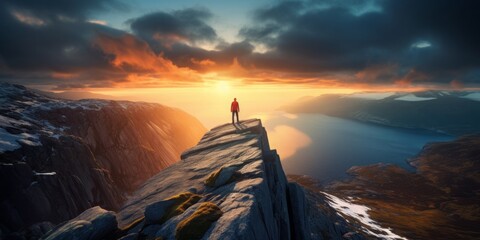 On the Brink of Discovery: A Person Stands at the Edge of a Cliff, Embracing the Thrill of Adventure and the Vast Horizons of Exploration - obrazy, fototapety, plakaty