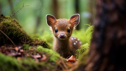 Obraz premium A Pudu Puda, the world's smallest deer species, captured in a moment of curiosity, showcasing its adorable features in a natural habitat.