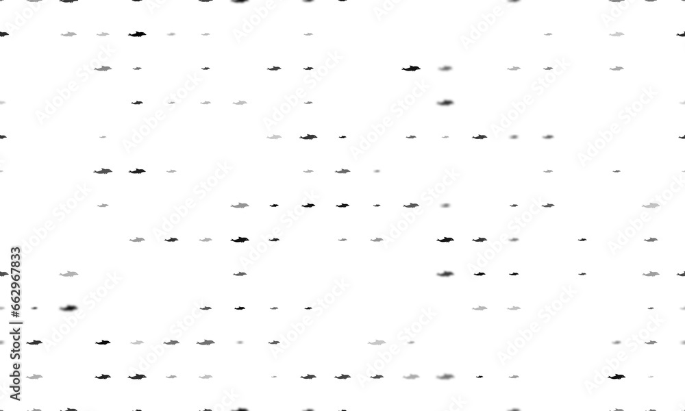 Poster seamless background pattern of evenly spaced black dolphin symbols of different sizes and opacity. i