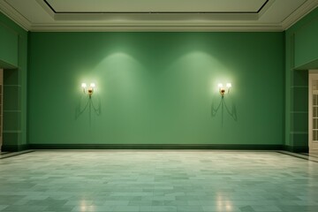 A vacant room with a green color scheme, featuring a marble floor and pleasant lighting. Generative AI