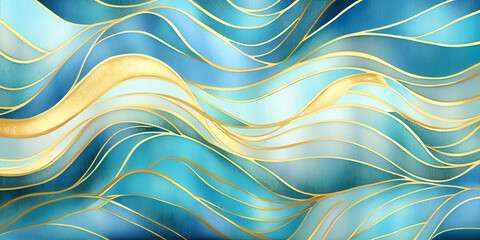 Magical fairytale ocean waves cartoon. Unique blue and gold wavy swirls of magic water. Fairytale navy and yellow sea waves art. Children’s book waves painting illustration for kids nursery - obrazy, fototapety, plakaty
