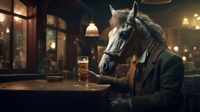 Drinking horse with alcohol in a pub.