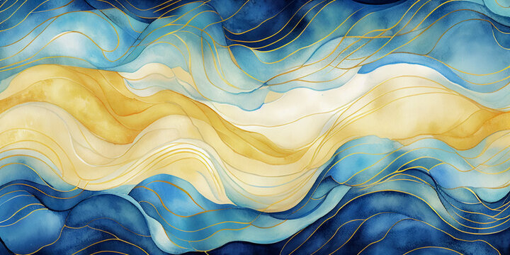 Abstract blue wave with gold lines watercolor texture painting. Colorful art navy, yellow wavy ink lines fairytale background. Bright colorful water waves. Ocean beach illustration mobile web backdrop
