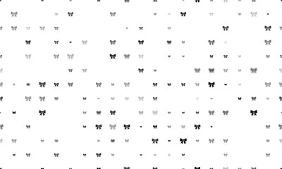 Seamless background pattern of evenly spaced black bow symbols of different sizes and opacity. Illustration on transparent background