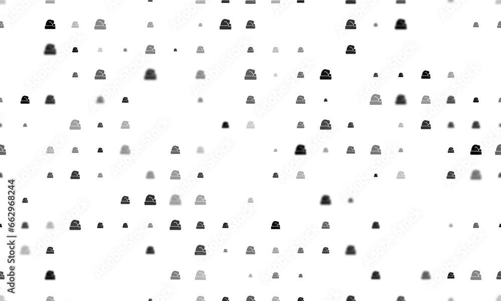 Poster seamless background pattern of evenly spaced black santa claus hat symbols of different sizes and op