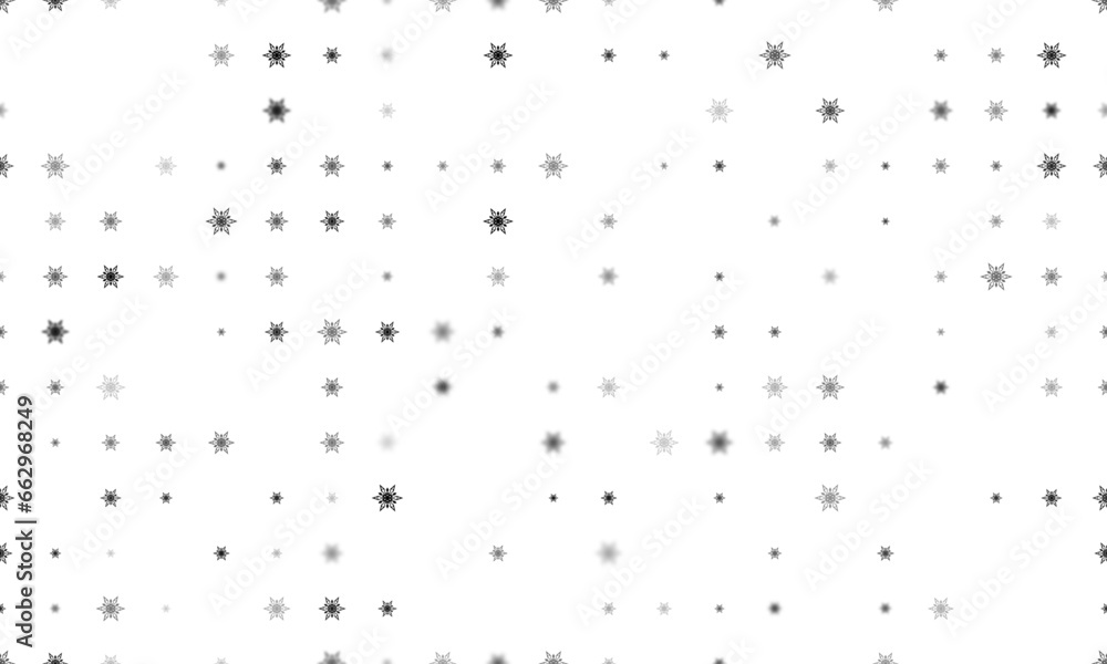 Poster seamless background pattern of evenly spaced black snowflakes of different sizes and opacity. vector