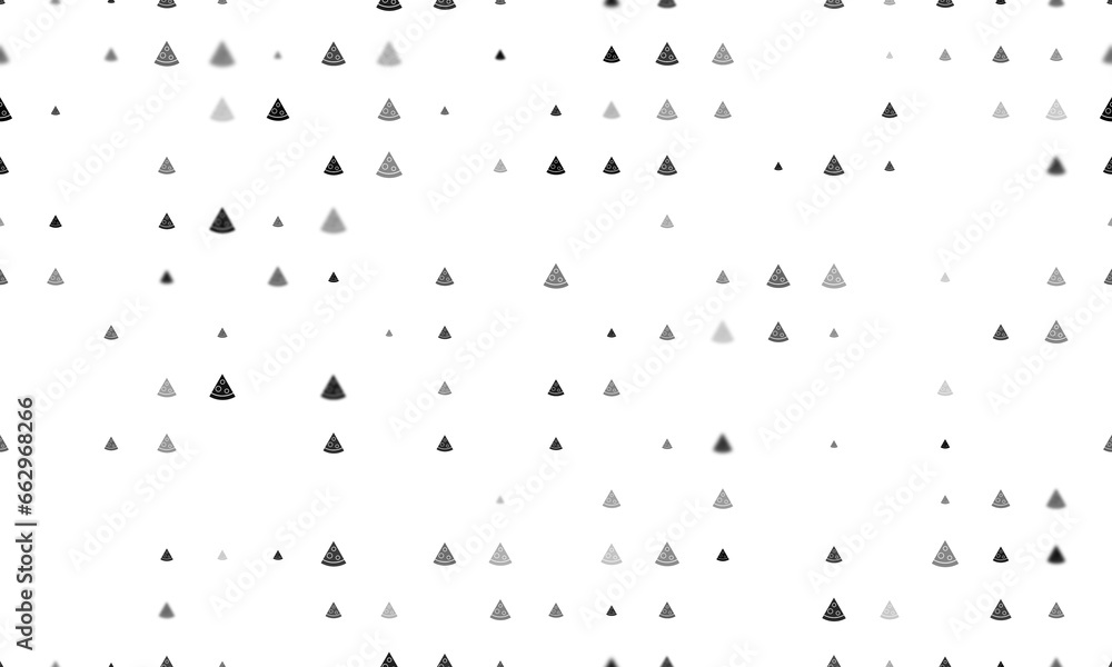 Poster seamless background pattern of evenly spaced black slice of pizzas of different sizes and opacity. i