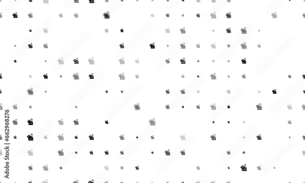 Poster seamless background pattern of evenly spaced black roasted turkeys of different sizes and opacity. v