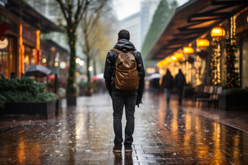 a man with a backpack walks along an evening road in the rain generative ai