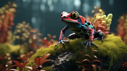 Foto op Canvas Generative AI illustration of closeup of vivid multicolored strawberry poison dart frog sitting on green moss in wild nature. © Nairobi 