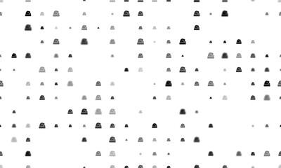 Seamless background pattern of evenly spaced black santa claus hat symbols of different sizes and opacity. Illustration on transparent background