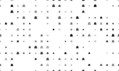 Seamless background pattern of evenly spaced black santa claus hat symbols of different sizes and opacity. Vector illustration on white background
