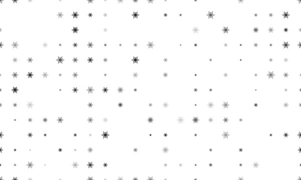 Seamless background pattern of evenly spaced black snowflakes of different sizes and opacity. Vector illustration on white background