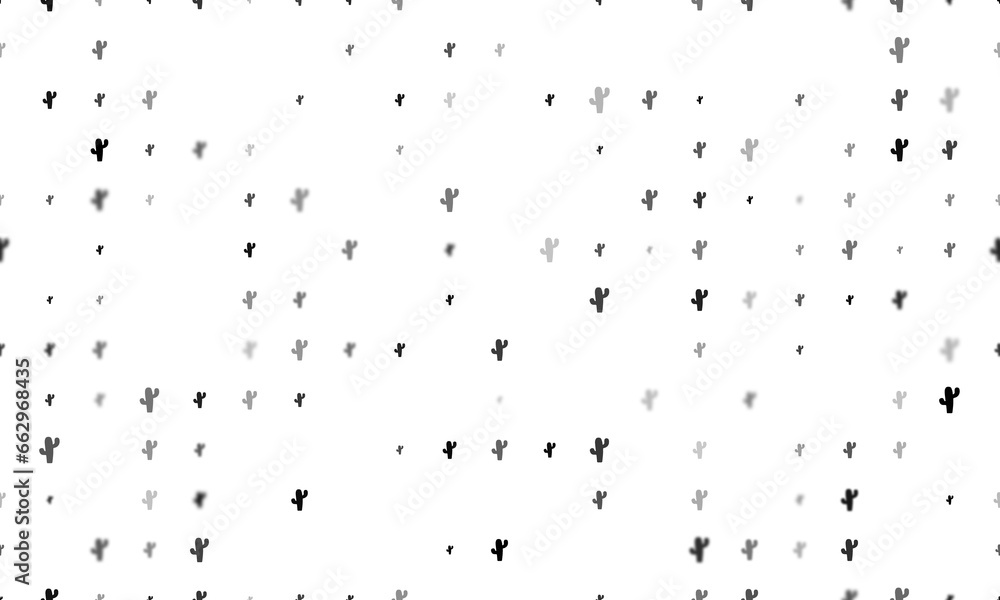 Poster seamless background pattern of evenly spaced black cactus symbols of different sizes and opacity. il