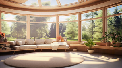 Fototapeta premium room of big bright apartment with big panorama windows, sofa and pillows, green forest or park behind glass