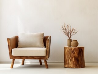 Fabric lounge chair and wood stump side table against beige stucco wall with copy space. Rustic minimalist home interior design of modern living room | Generative AI