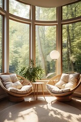 room of apartment with chairs and big windows and forest or green park behind, bright and sunny 