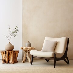 Fabric lounge chair and wood stump side table against beige stucco wall with copy space. Rustic minimalist home interior design of modern living room | Generative AI