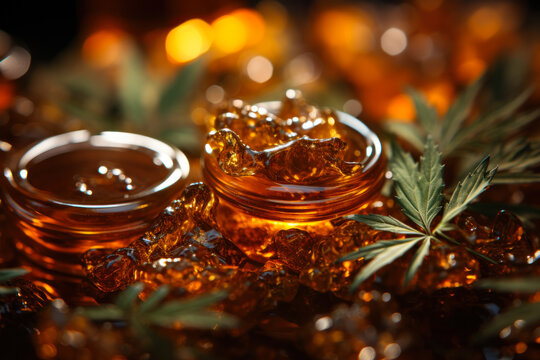 yellow cannabis wax in a glass jar, marijuana resin concentrate. generative ai