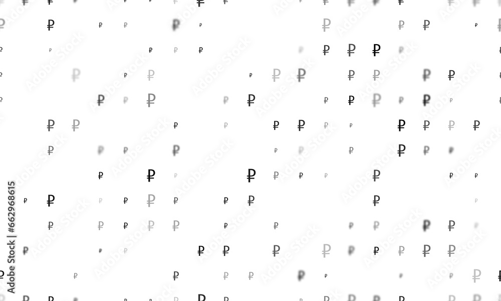 Poster seamless background pattern of evenly spaced black ruble symbols of different sizes and opacity. ill