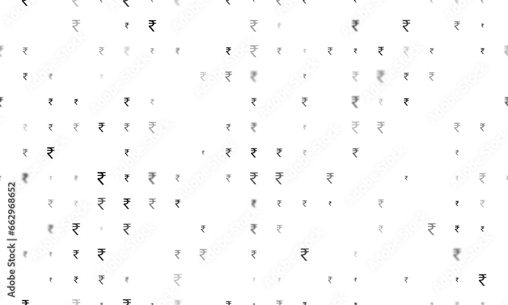 Poster seamless background pattern of evenly spaced black indian rupee symbols of different sizes and opaci