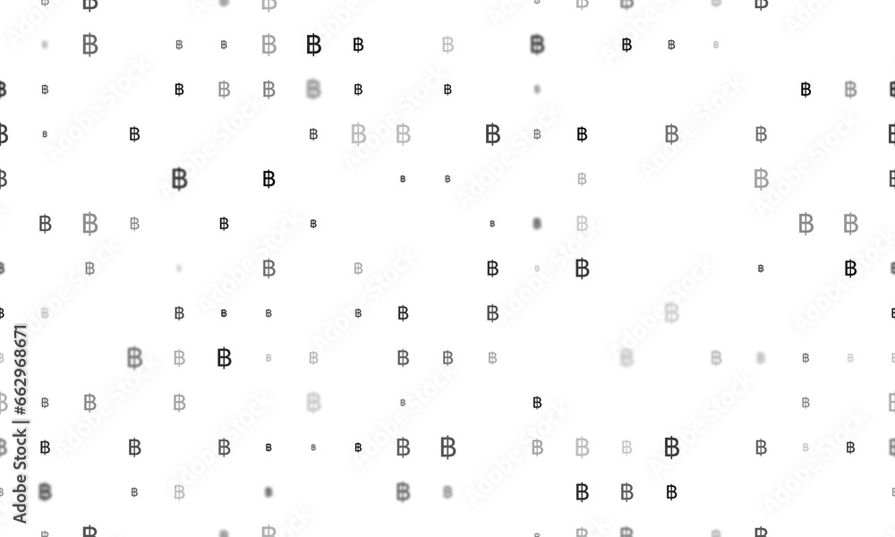 Poster seamless background pattern of evenly spaced black thai baht symbols of different sizes and opacity.