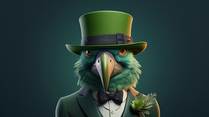 Green parrot gentleman and boss in a hat, suit and tie. Banner header. AI generated.