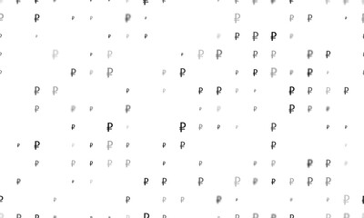Seamless background pattern of evenly spaced black ruble symbols of different sizes and opacity. Illustration on transparent background