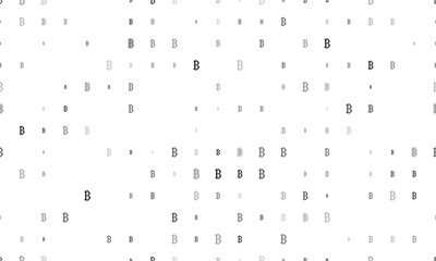 Seamless background pattern of evenly spaced black bitcoin symbols of different sizes and opacity. Illustration on transparent background