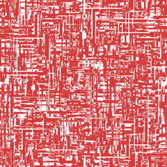 Distressed grid with crossed white and red irregular jagged rectangles. Abstract background. Geometric rough surface design for textile, fabric, and print. Seamless repeating pattern. 