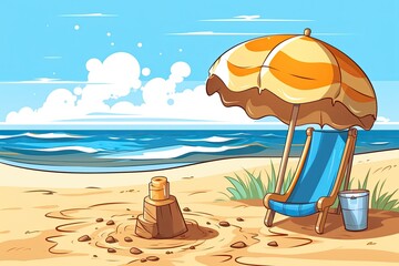 Sunny Beach Clipart: Parasol, Beach Towel, and Bucket & Spade - Illustration of a Vibrant Beach Day, generative AI