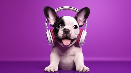 Happy puppy in headphones on a purple background. AI generation