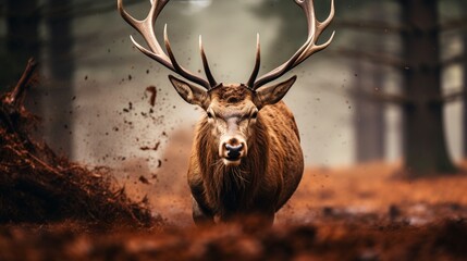 A Red deer stag during the rutting season, its antlers prominently displayed, the HD camera capturing the raw power and intensity of this behavior.